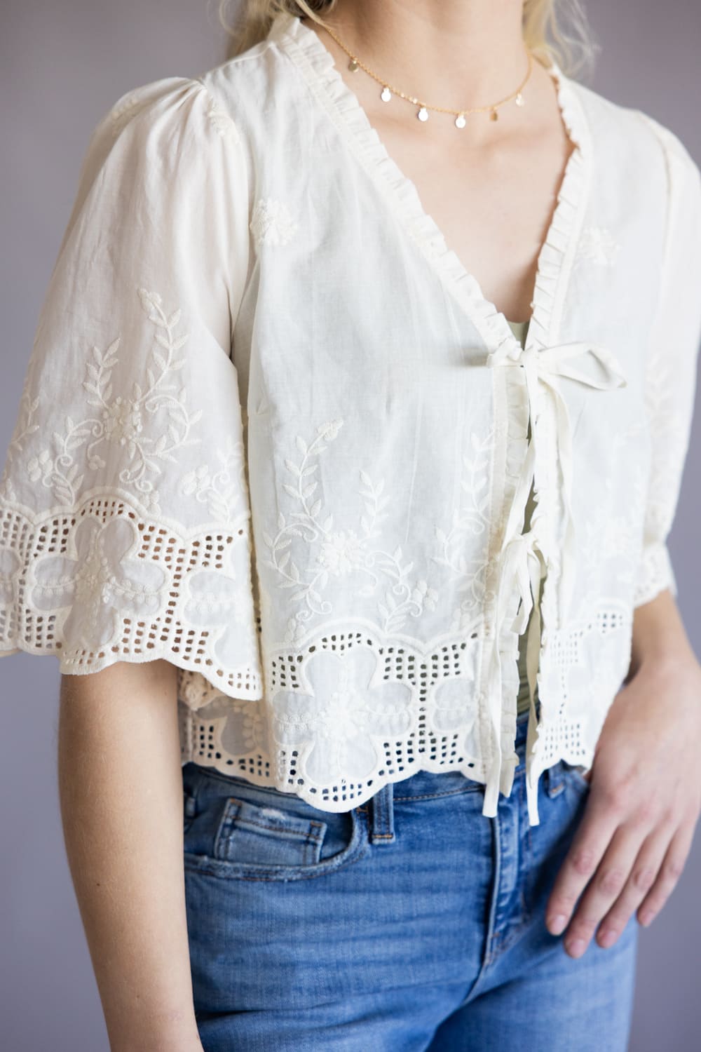 Embroidered Tie Front Top for Women in Ivory