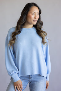 Blu Pepper Crewneck Ribbed Knit Shirt for Women in Light Blue