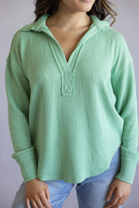 Blu Pepper Ribbed Knit Johnny Collar Top for Women in Sage