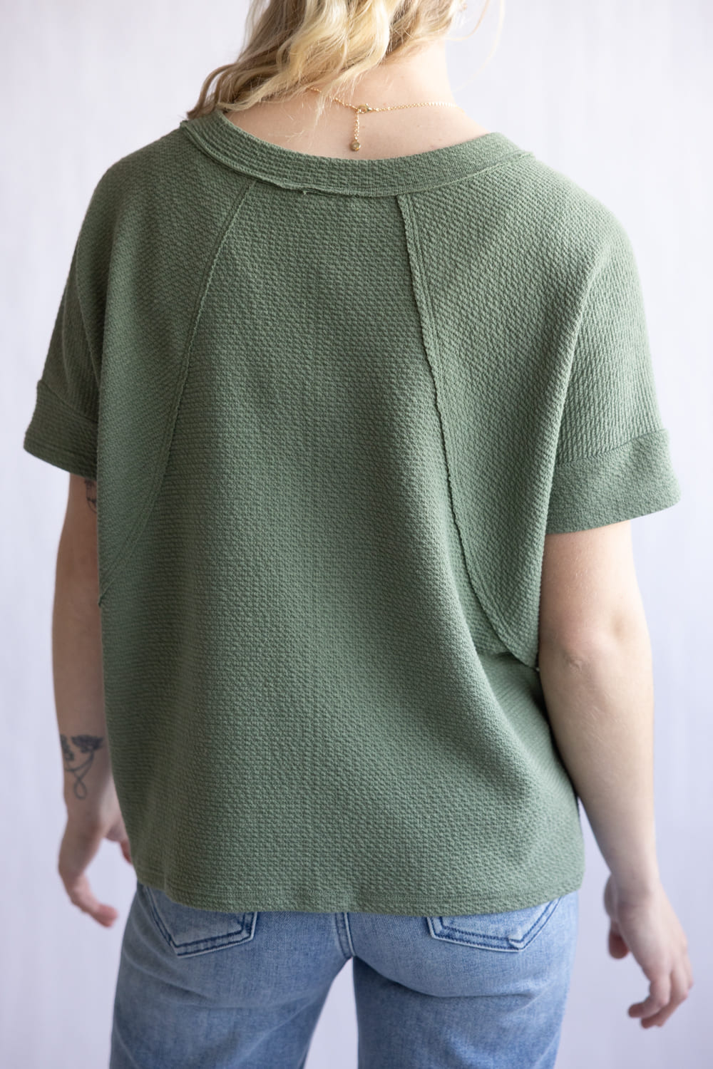 Textured V-Neck Seam Detail Top for Women in Olive