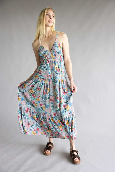 Open Back Floral Maxi Dress for Women in Teal | F4F72-A855