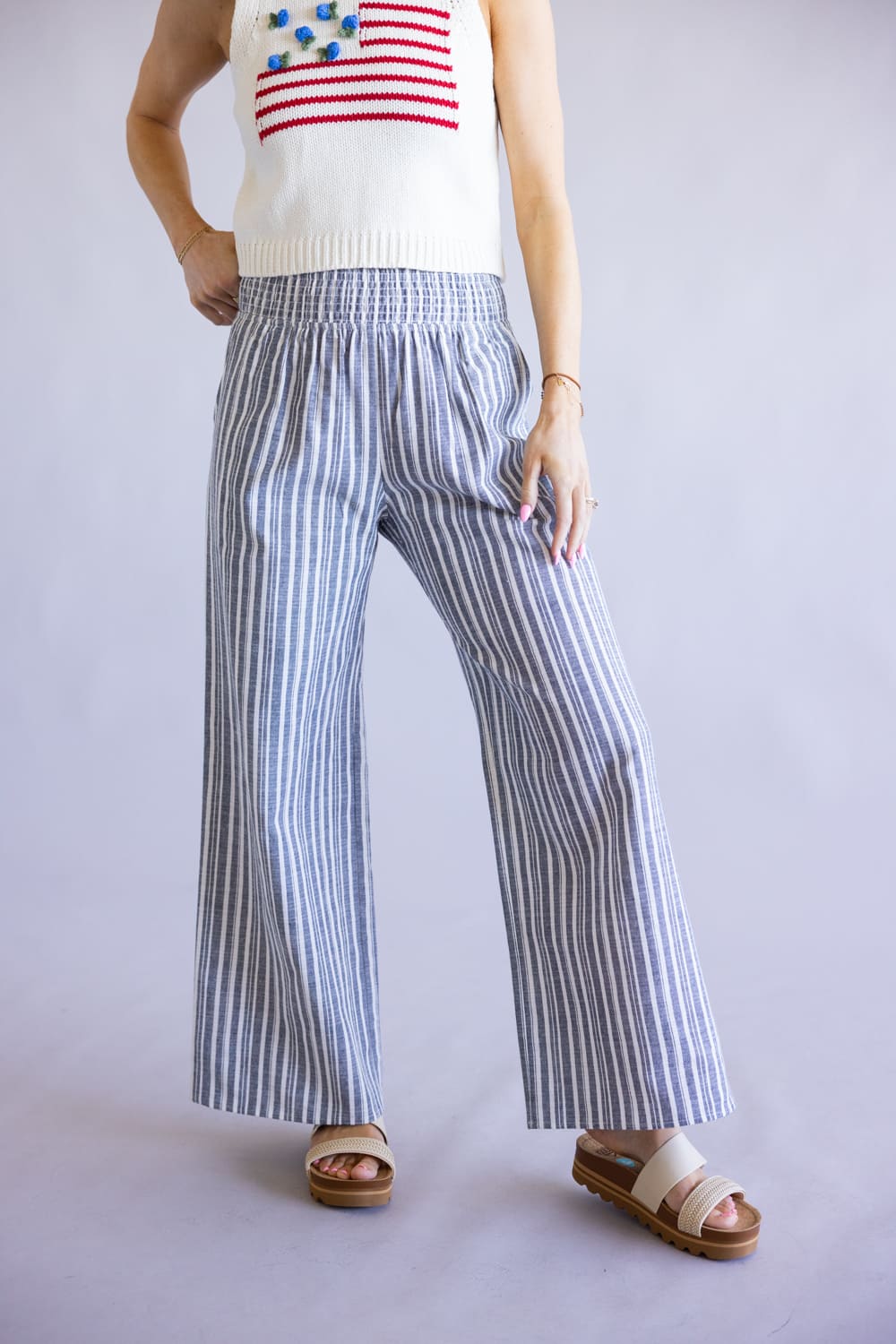  Smocked Waist Linen Wide Leg Pants for Women in Navy