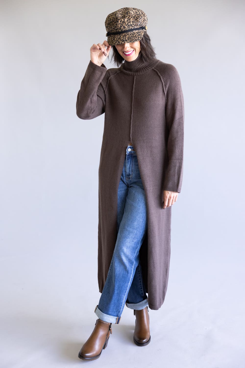 Turtleneck Tunic Sweater for Women in Brown