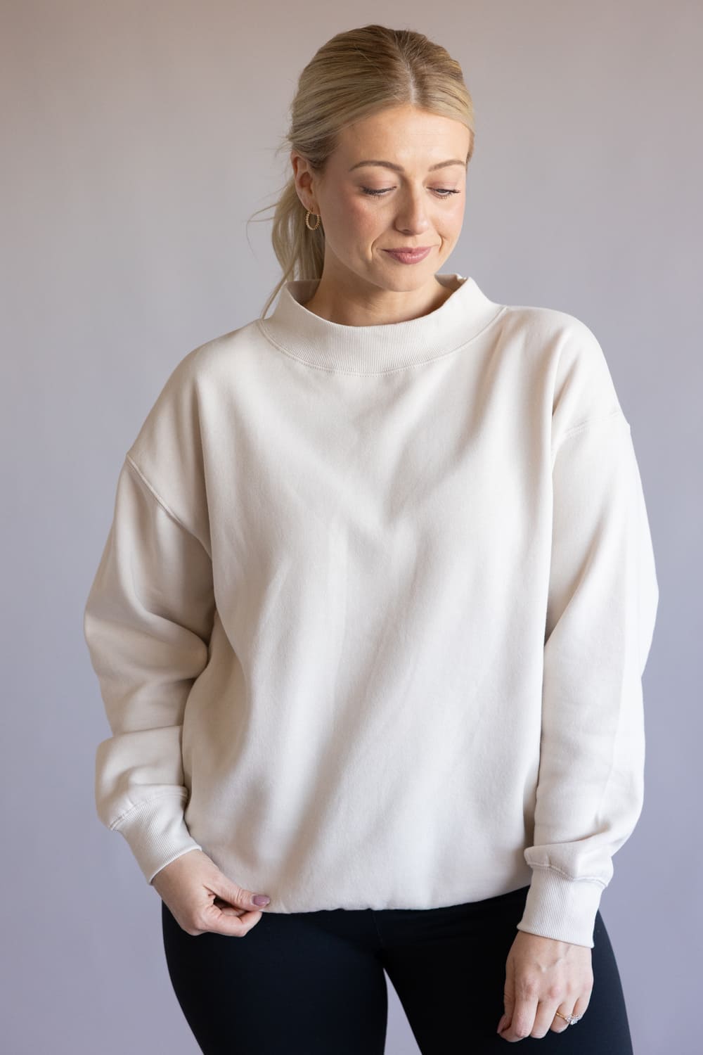 Oversized Mock Neck Fleece Pullover for Women in Beige
