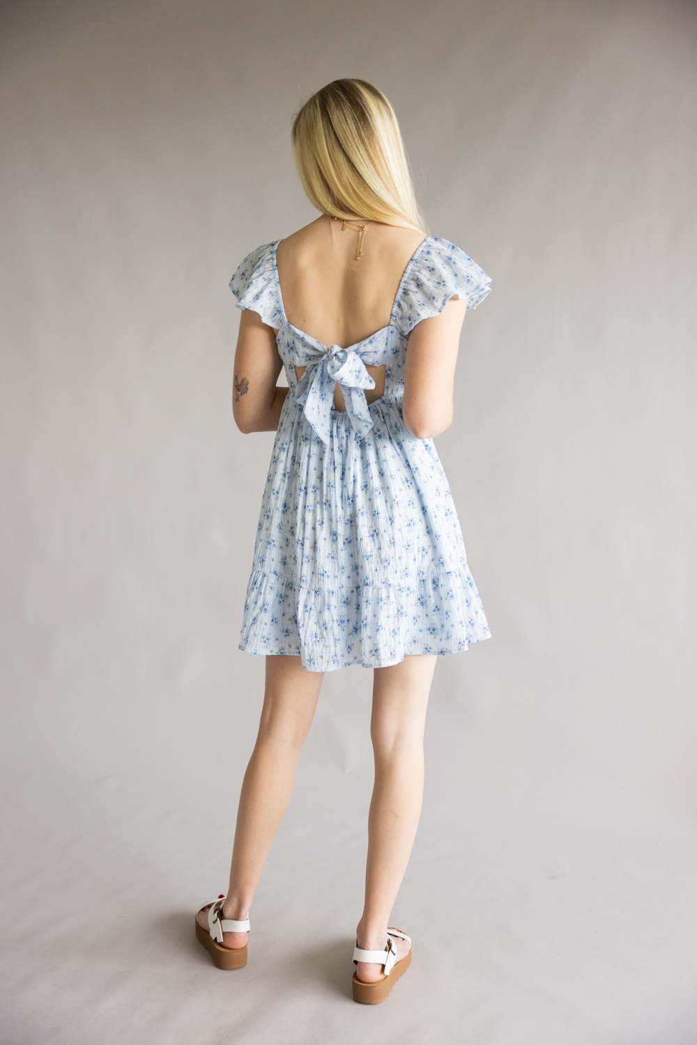 Floral Flutter Sleeve Dress for Women in Sky Blue