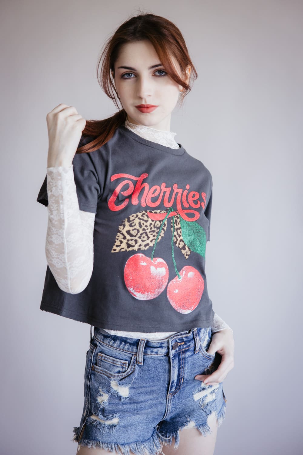 Cherries Leopard Graphic T-Shirt for Women in Grey Black