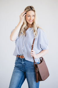 Pinstripe Split Neck Button Front Top for Women in Navy