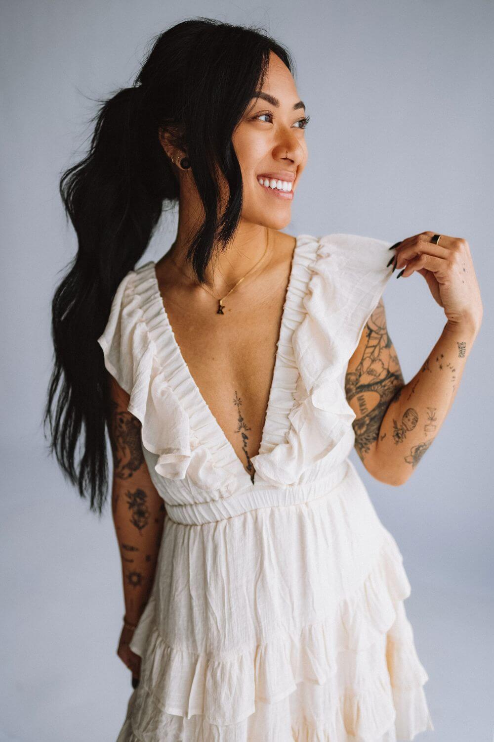 Hyfve Tiered Ruffle Back Tie Dress for Women in White