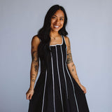 Linen Piping Midi Dress for Women in Black