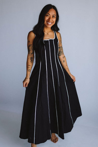 Linen Piping Midi Dress for Women in Black