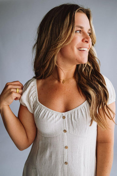 Linen Flare Button Detail Dress for Women in Oatmeal