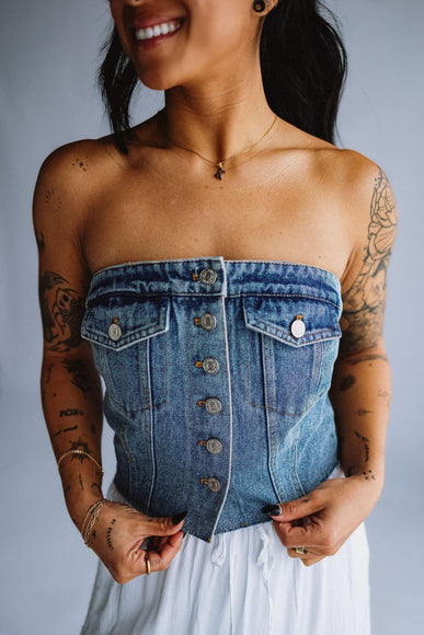 Denim Strapless Button Up Corset Top for Women in Blue