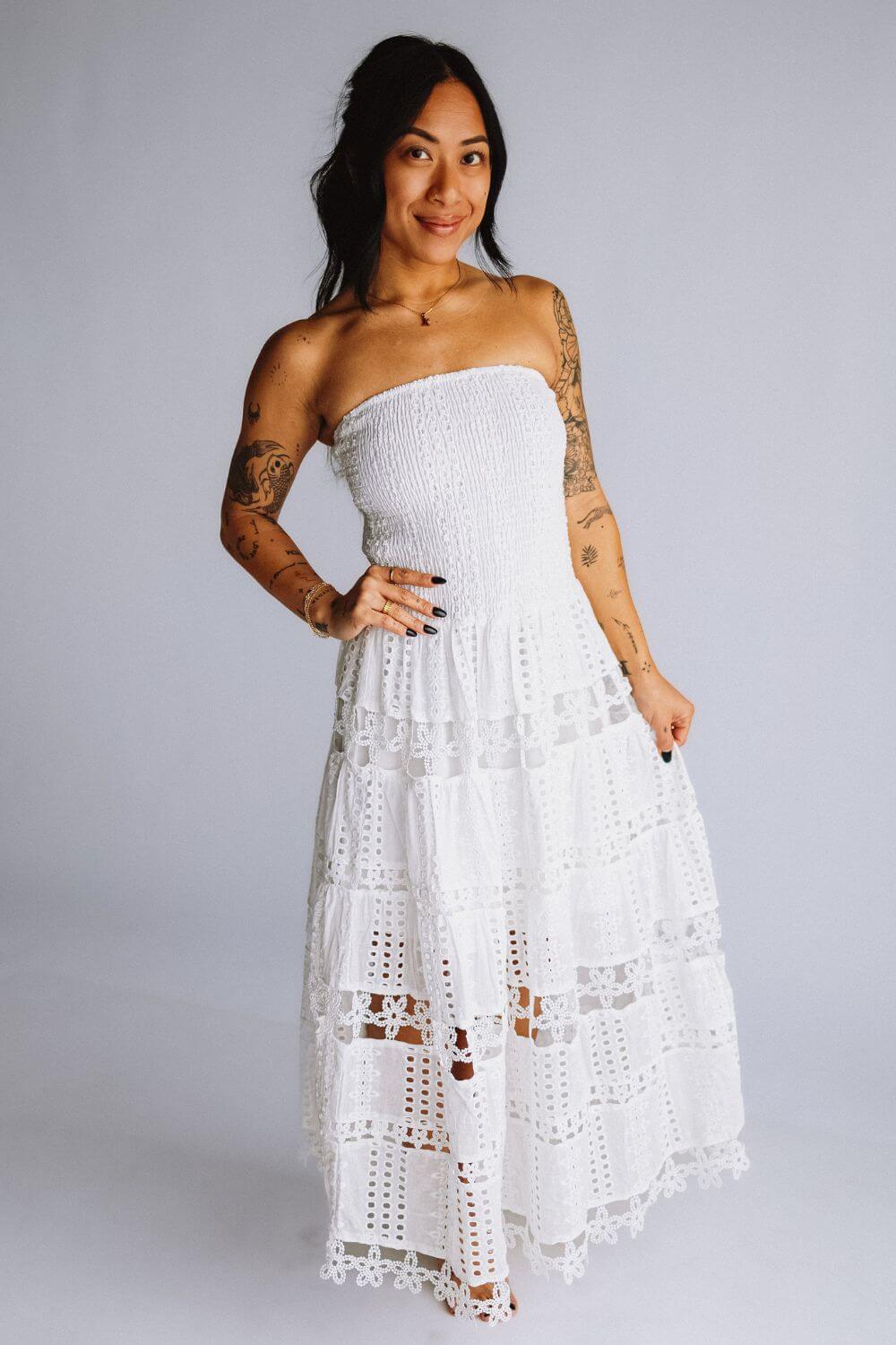 Eyelet Lace Strapless Midi Dress for Women in White | D-2192