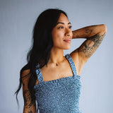 Open Back Elastic Band Mini Dress for Women in Blue Floral