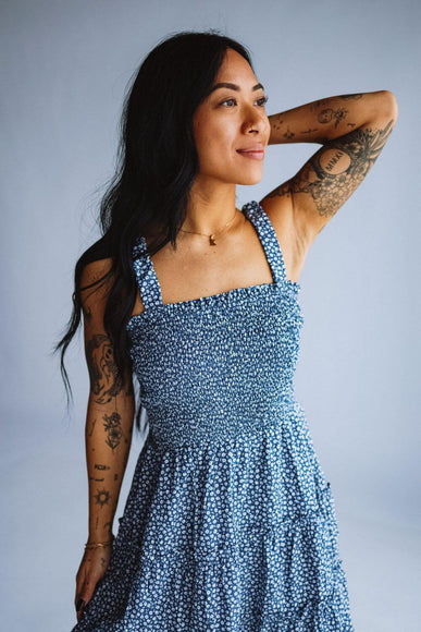 Open Back Elastic Band Mini Dress for Women in Blue Floral