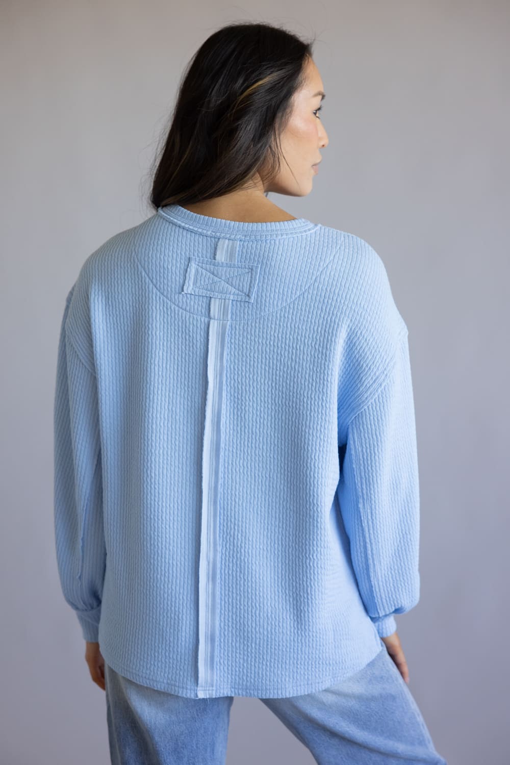 Blu Pepper Crewneck Ribbed Knit Shirt for Women in Light Blue
