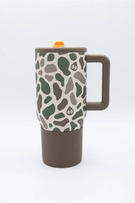 A travel mug with a brown handle and base, featuring a beige upper body covered in an organic green and brown spot pattern, and topped with a brown lid and small orange accent.