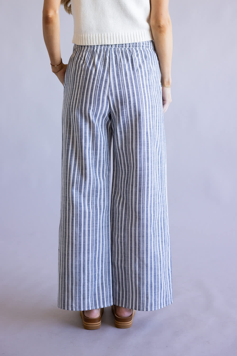  Smocked Waist Linen Wide Leg Pants for Women in Navy
