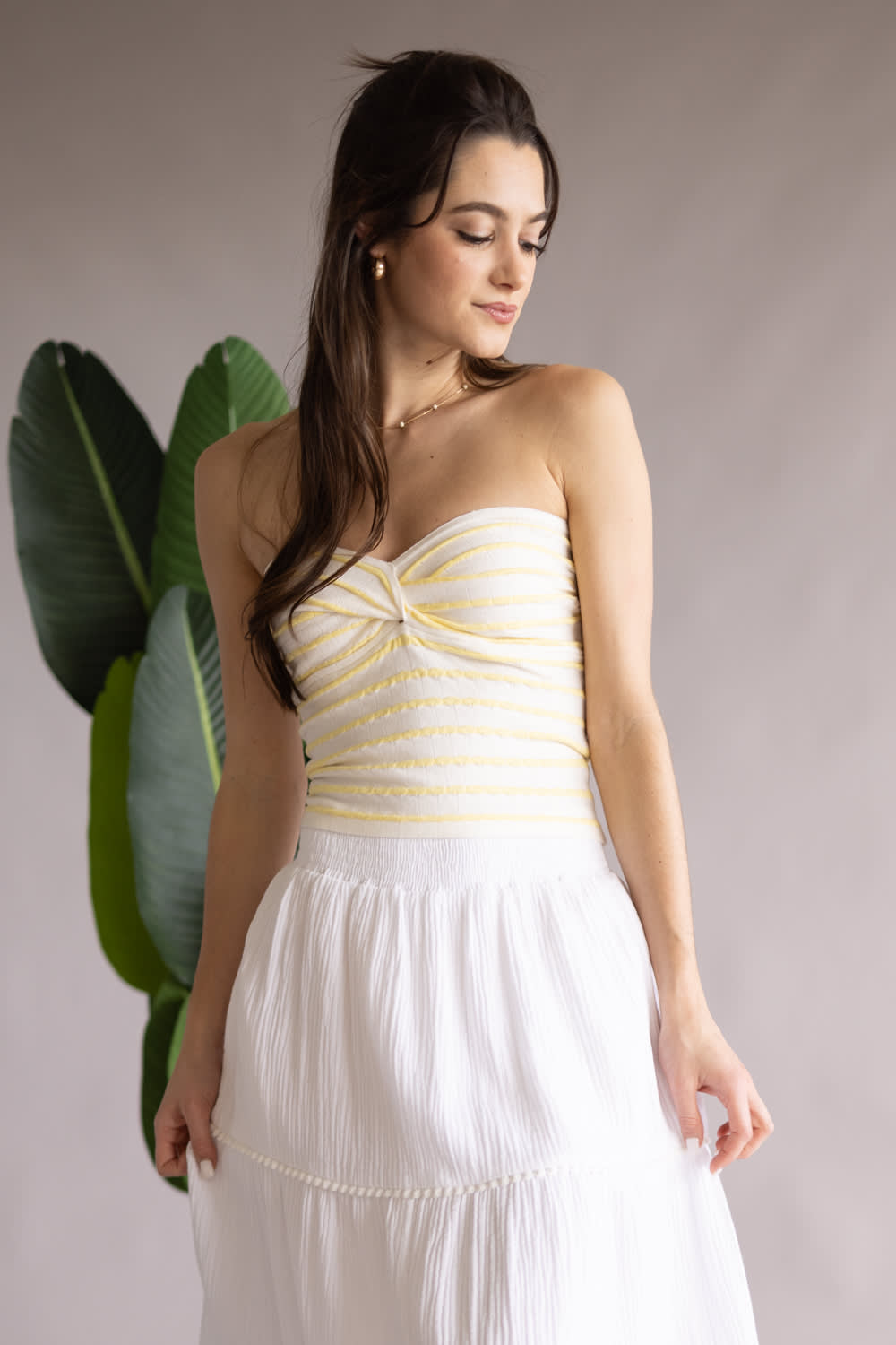 Stripe Twist Front Tube Top for Women in Yellow/White