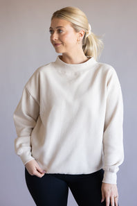 Oversized Mock Neck Fleece Pullover for Women in Beige
