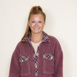 Simply Southern Quilted Plaid Sherpa Shacket for Women in Rose