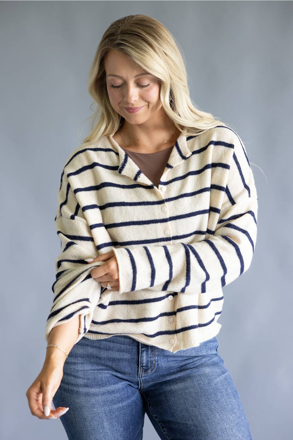 Things Between Wide Striped Piper Cardigan for Women in Natural/Navy