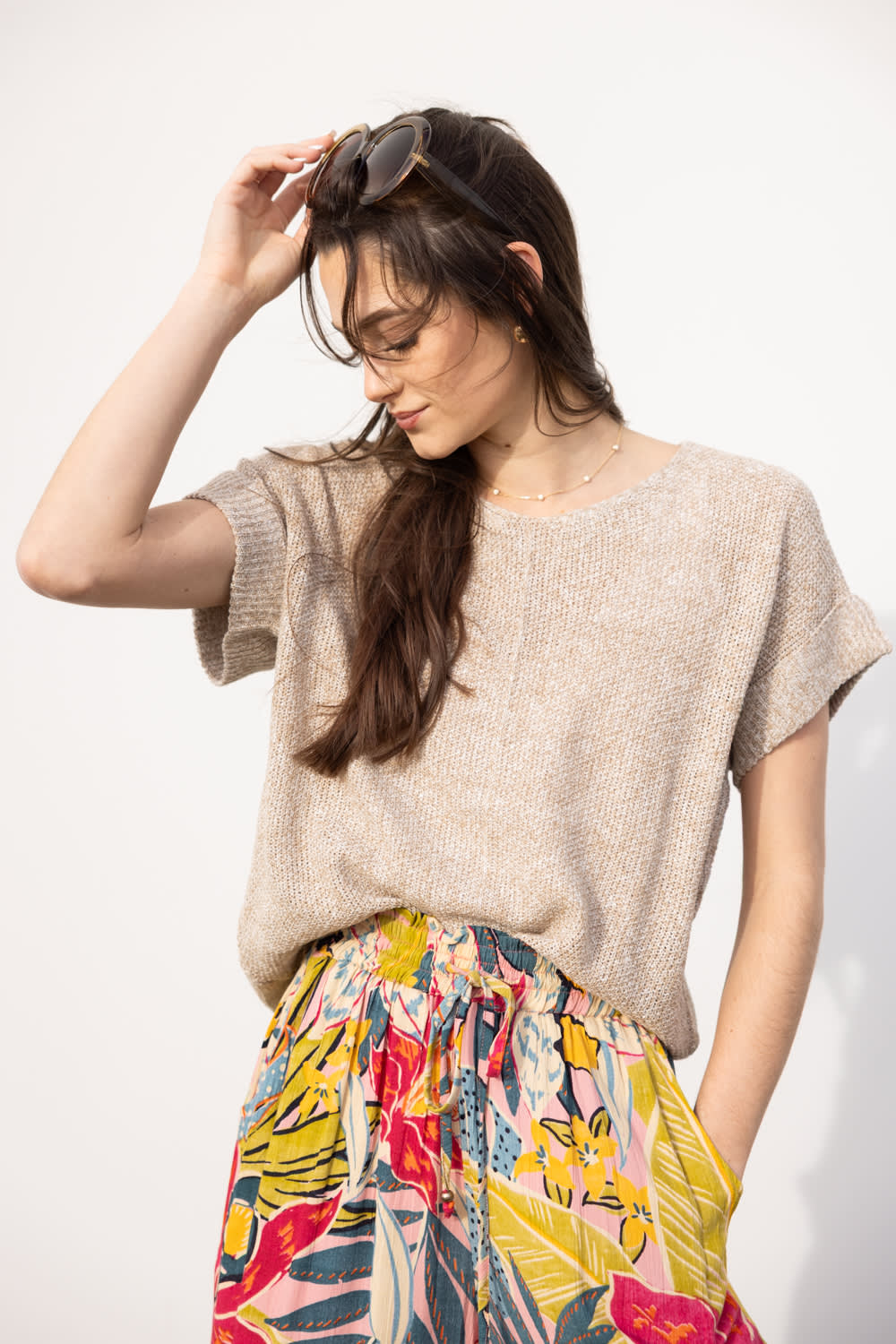 La Miel V-Neck Short Sleeve Sweater for Women in Taupe