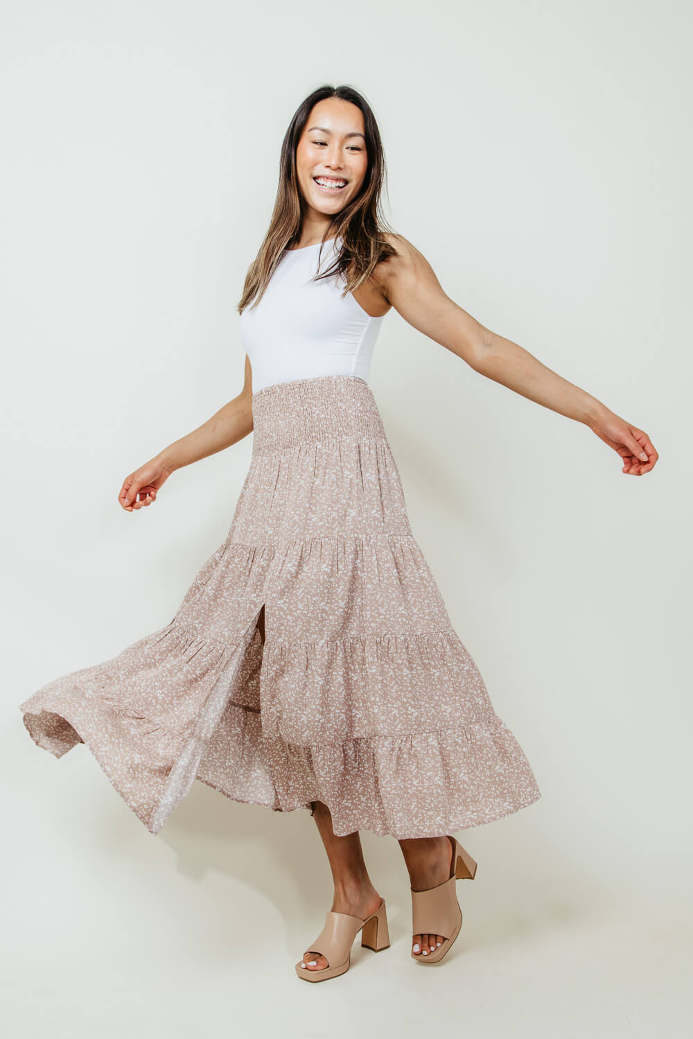 Wishlist Floral Midi Skirt with Side Slit for Women in Taupe Wishlist Floral Midi Skirt with Side Slit for Women in Taupe