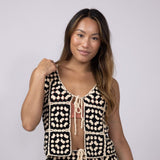 ACOA Crochet Front Tie Top & Skirt Set for Women in Black/Ivory