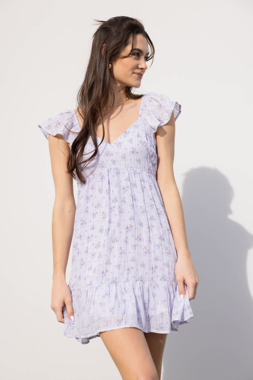 Floral Flutter Sleeve Dress for Women in Lilac