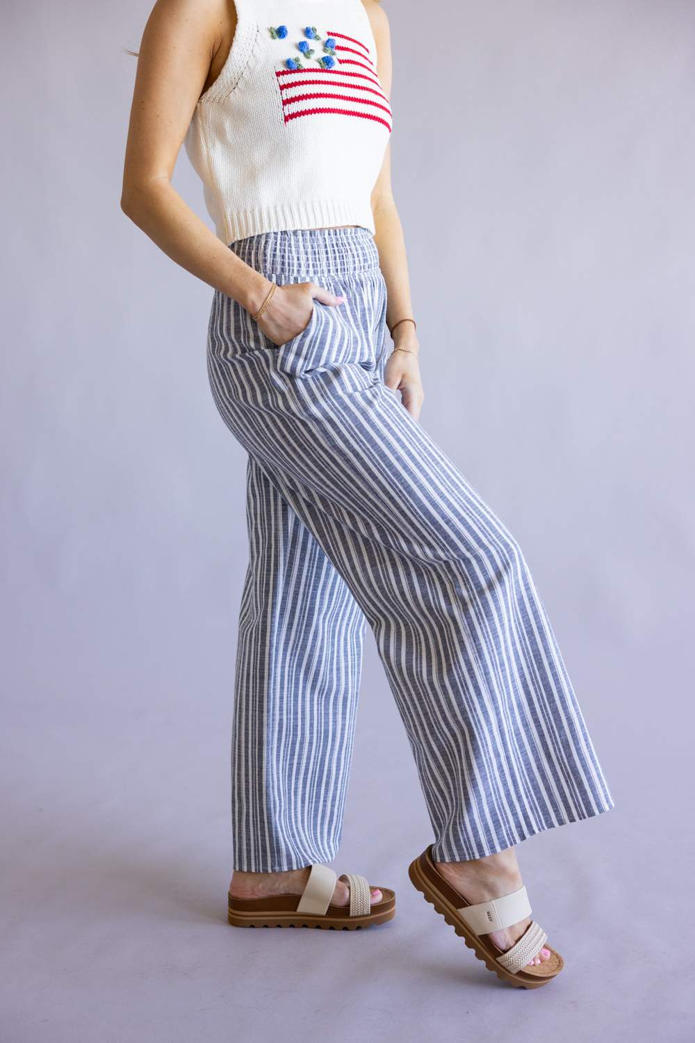  Smocked Waist Linen Wide Leg Pants for Women in Navy