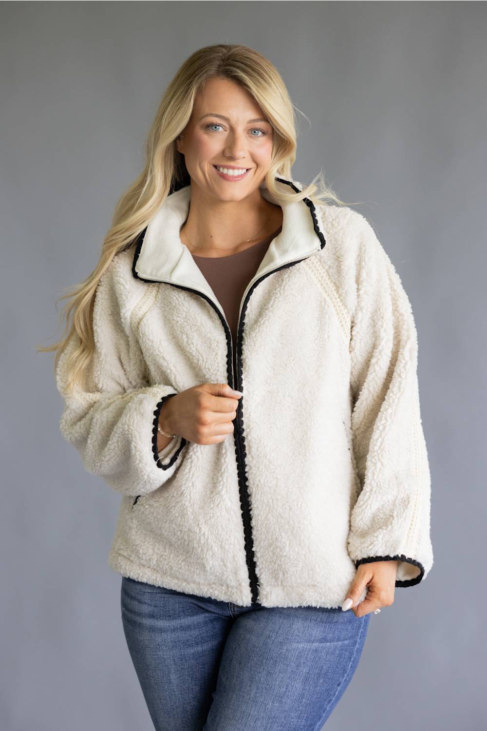 Katydid Sherpa Crochet Jacket for Women in Cream