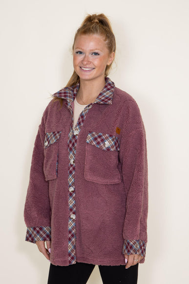Simply Southern Quilted Plaid Sherpa Shacket for Women in Rose