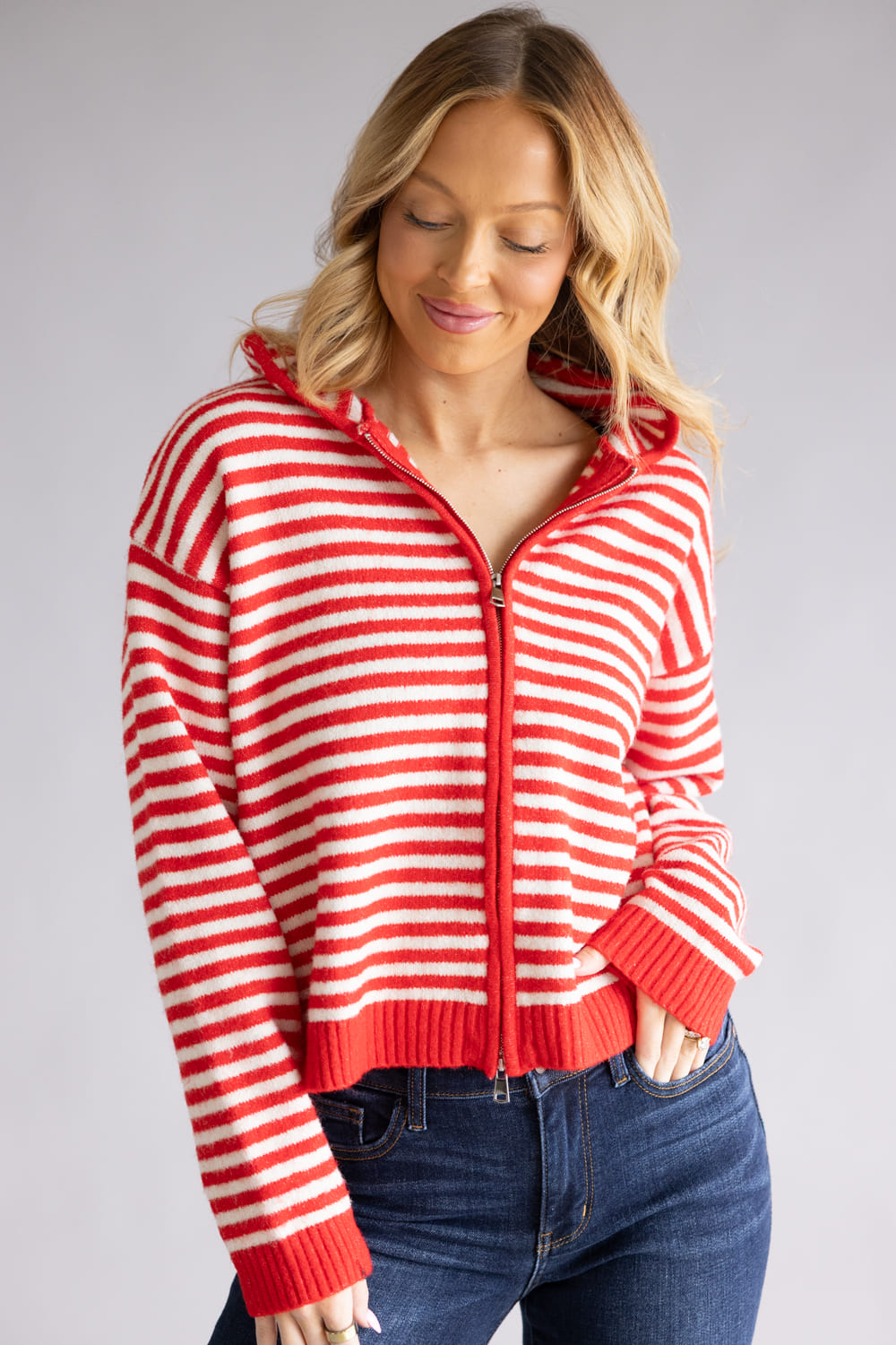 Things Between Striped Full Zip Hooded Cardigan for Women in Red