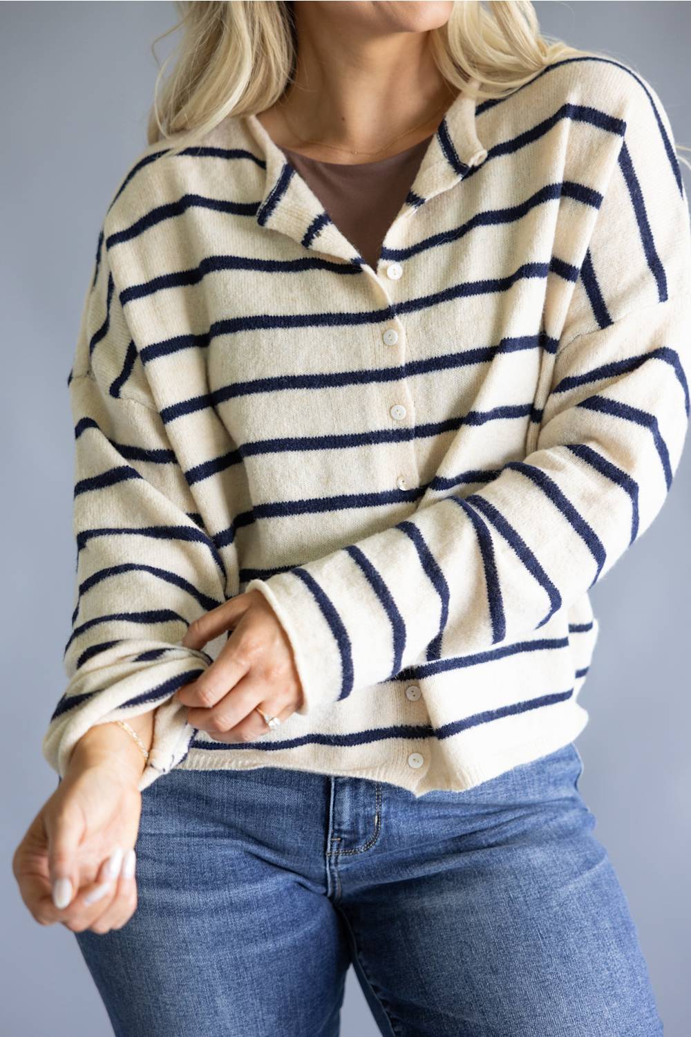 Things Between Wide Striped Piper Cardigan for Women in Natural/Navy