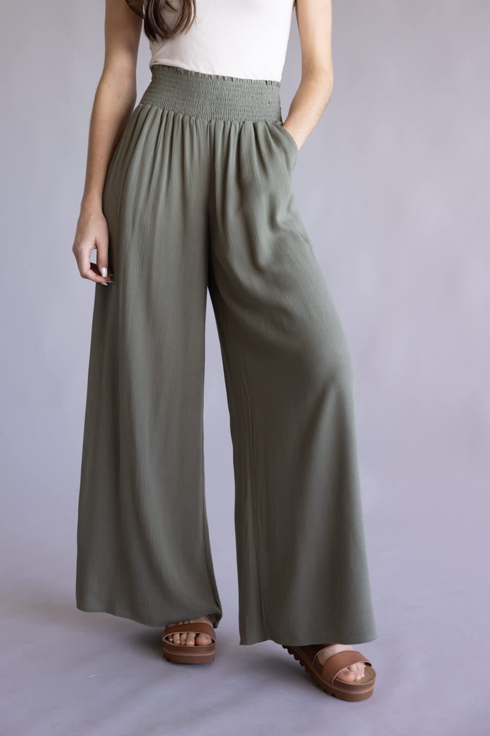 Smocked Waist Wide Leg Pants for Women in Olive | VNP70263D