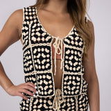 ACOA Crochet Front Tie Top & Skirt Set for Women in Black/Ivory