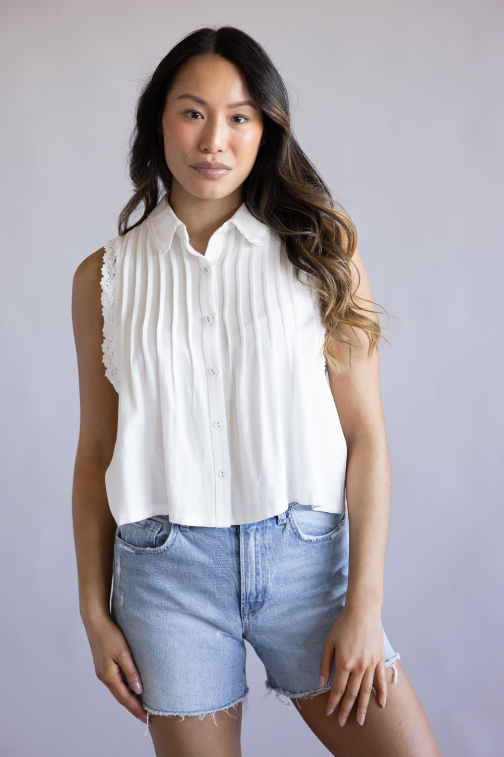 Button Front Pintuck Linen Top for Women in Off White
