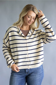 Things Between Wide Striped Piper Cardigan for Women in Natural/Navy