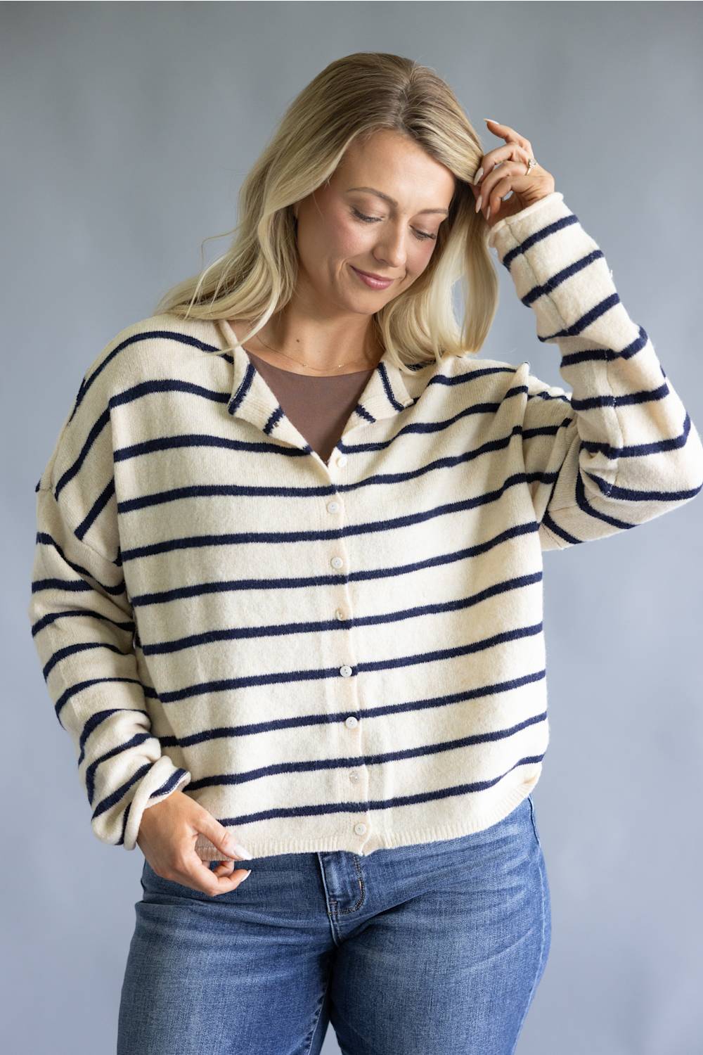 Things Between Wide Striped Piper Cardigan for Women in Natural/Navy
