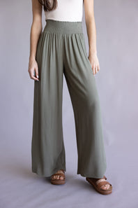 Smocked Waist Wide Leg Pants for Women in Olive