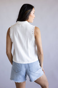 Button Front Pintuck Linen Top for Women in Off White