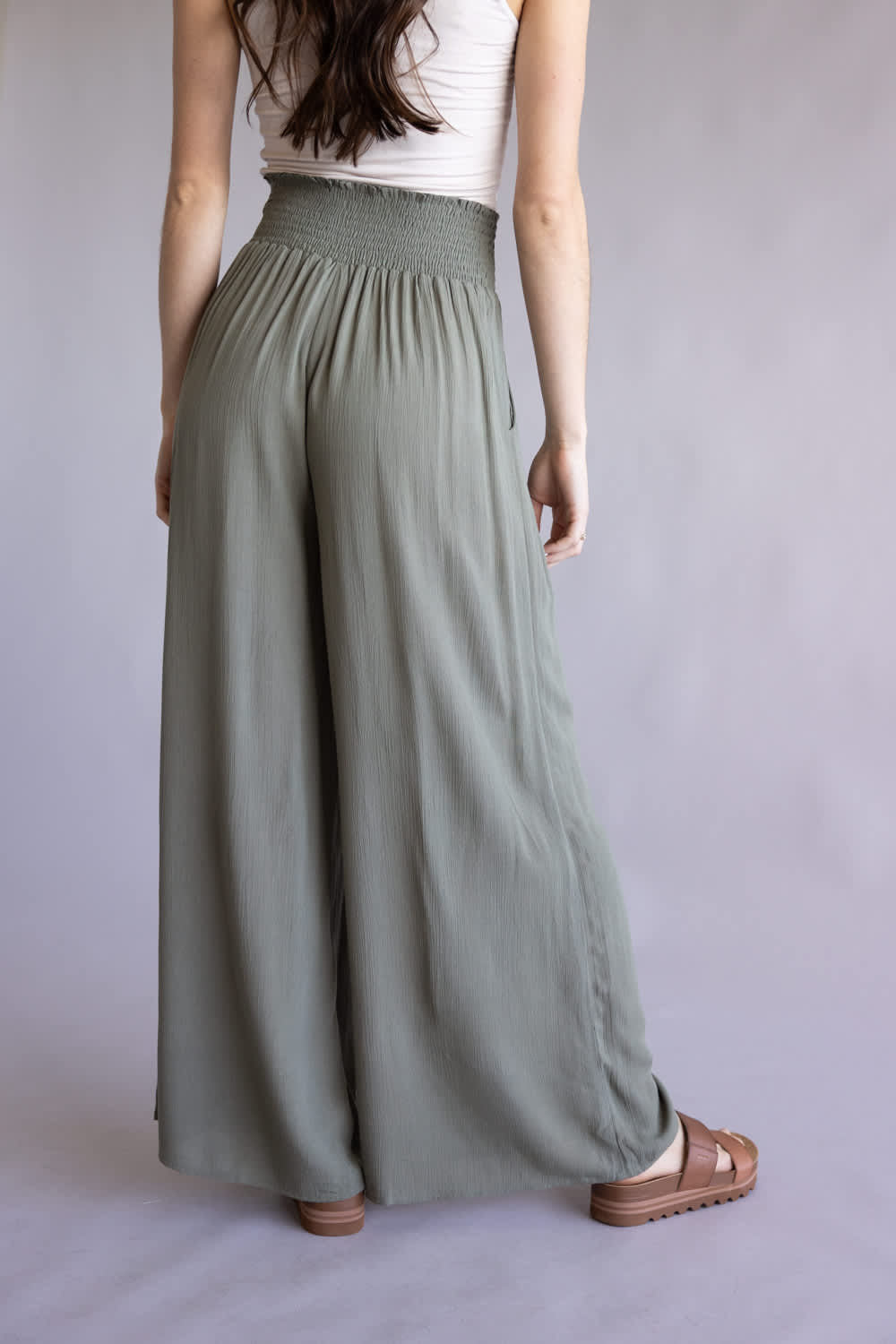 Smocked Waist Wide Leg Pants for Women in Olive | VNP70263D