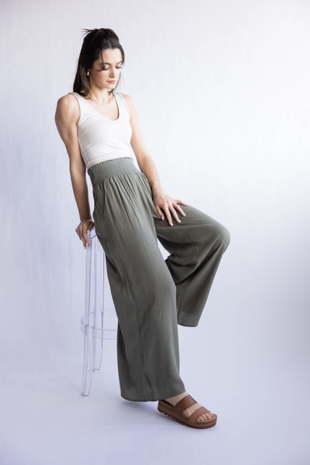 Smocked Waist Wide Leg Pants for Women in Olive | VNP70263D
