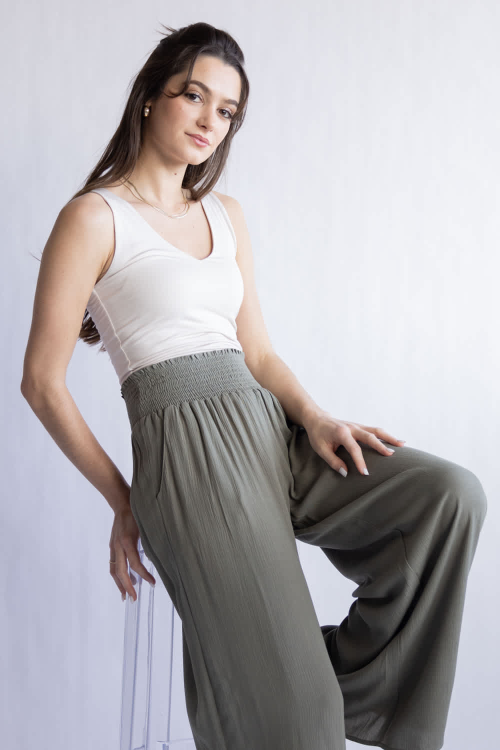 Smocked Waist Wide Leg Pants for Women in Olive