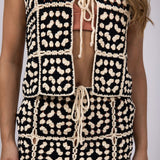 ACOA Crochet Front Tie Top & Skirt Set for Women in Black/Ivory