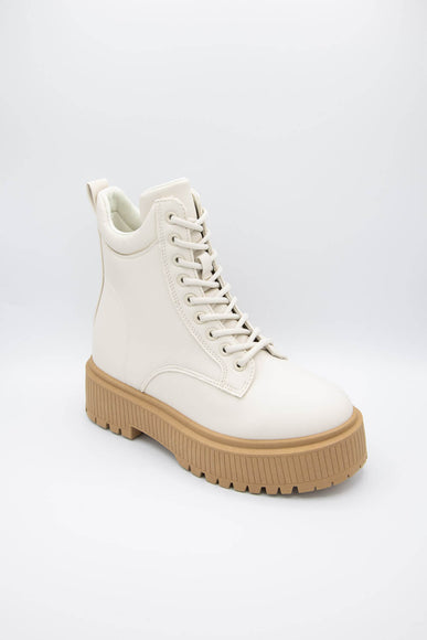 Qupid Shoes Phase Lace Up Lug Booties for Women in Off White