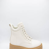 Qupid Shoes Phase Lace Up Lug Booties for Women in Off White