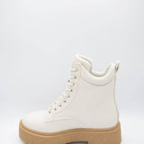 Qupid Shoes Phase Lace Up Lug Booties for Women in Off White