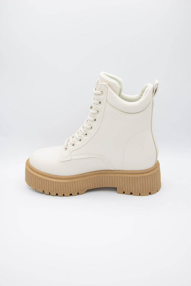 Qupid Shoes Phase Lace Up Lug Booties for Women in Off White